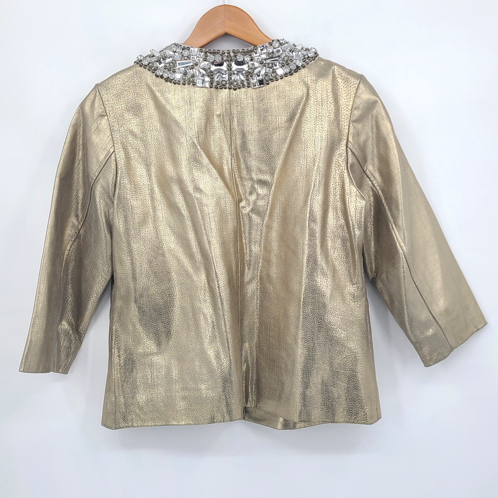Chicos 1 Champagne Gold Leather Jacket 25th Anniversary Jeweled Collar Size M - Picture 5 of 16